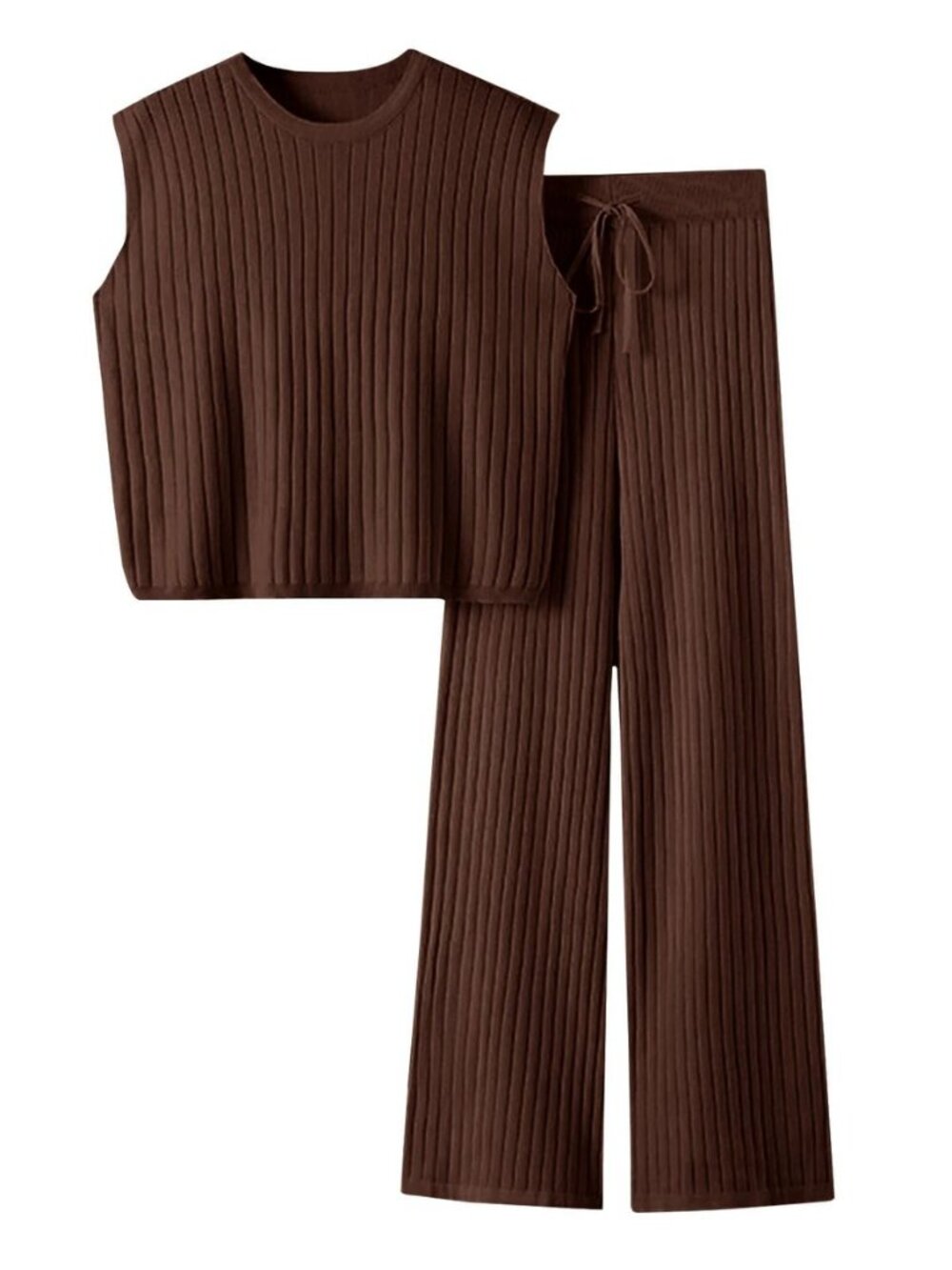 Womens 2 Piece Outfits Sleeveless Ribbed Knit Tops Wide Leg Pants Summer